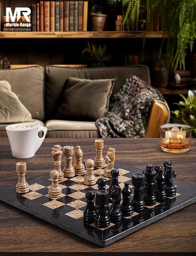 Marble Chess Set for Adults 12 Handmade Black &amp Coral Board Game with 32 Chess Pieces 2 Extra Queens &amp Storage Box Luxury Travel Game Elegant for Home Decor