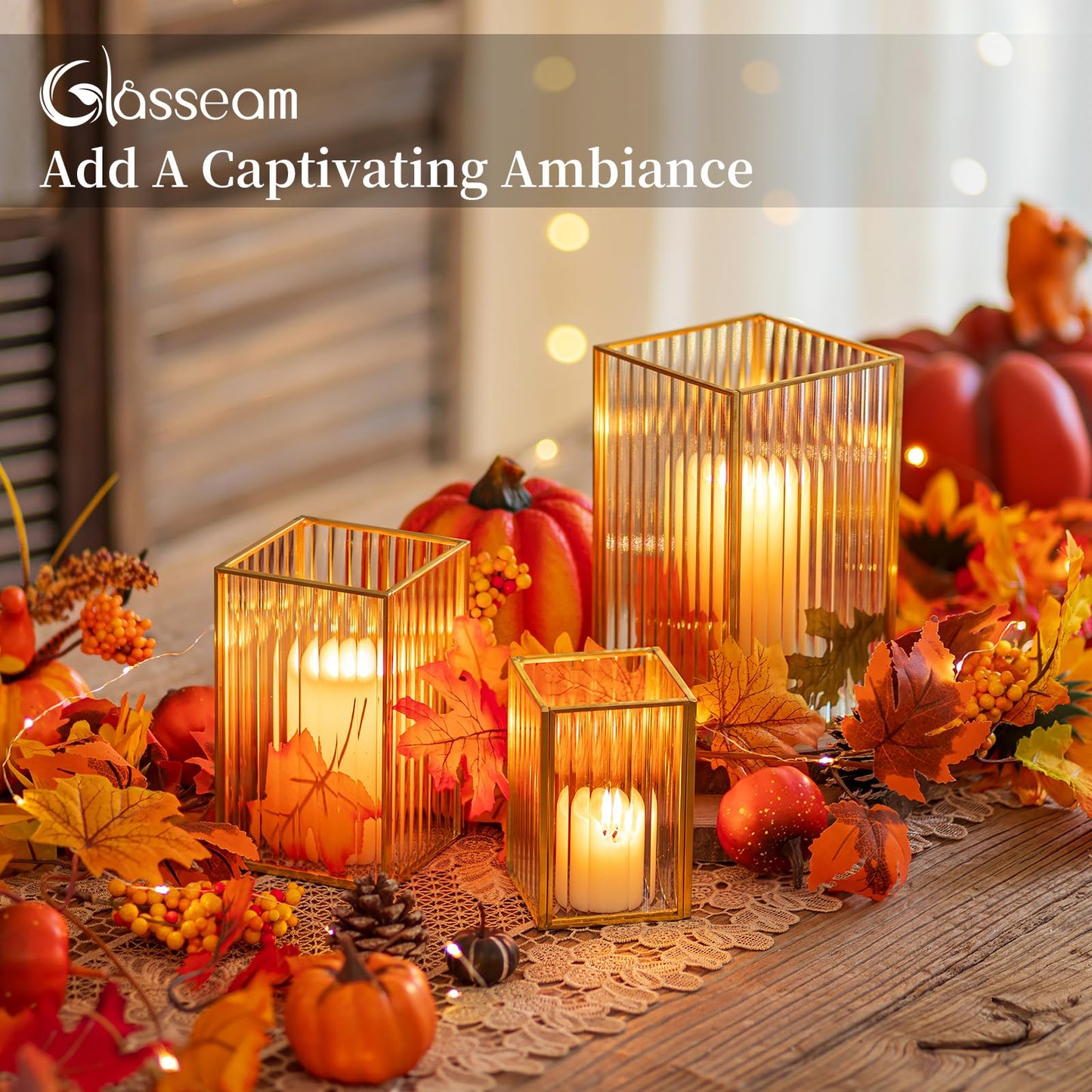 Glasseam Hurricane Glass Candle Holder: Ribbed Gold Pillar Candle Holders Set of 3 Square Metal Candle Holders for Table Centerpiece Modern Small Lanterns Decorative Indoor for Christmas Wedding Decor