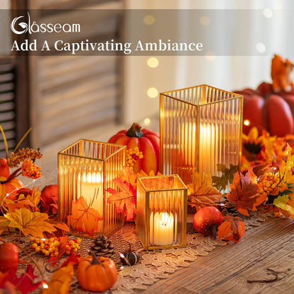 Glasseam Hurricane Glass Candle Holder: Ribbed Gold Pillar Candle Holders Set of 3 Square Metal Candle Holders for Table Centerpiece Modern Small Lanterns Decorative Indoor for Christmas Wedding Decor