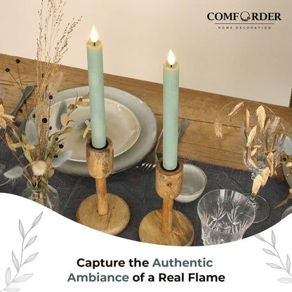 comforder Flameless Taper Candles – Flickering LED Flame with 6H Timer – Real Wax, Ribbed Design – Battery Operated Set of 2 – 10" Tall (Eucalyptus Green)