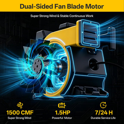 Huilynsen Air Blower for Inflatables 1.5 HP,Commercial Bounce House Blower with Double-Sided Fan Blade 1500 CFM PP Weatherpoof Blower Fan for Inflatable Water Slide,Paint Booth(Black&Yellow)