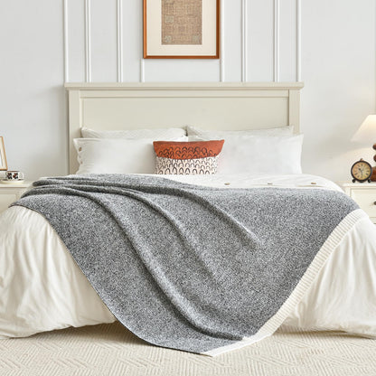 Chunky Knit Boucle Throw Blanket, Soft Washable Coastal Blanket for Bed Couch, Lightweight Cozy Oversized Feather Knit Blanket Indoor Outdoor for Sofa (Black, Twin 60"x80")
