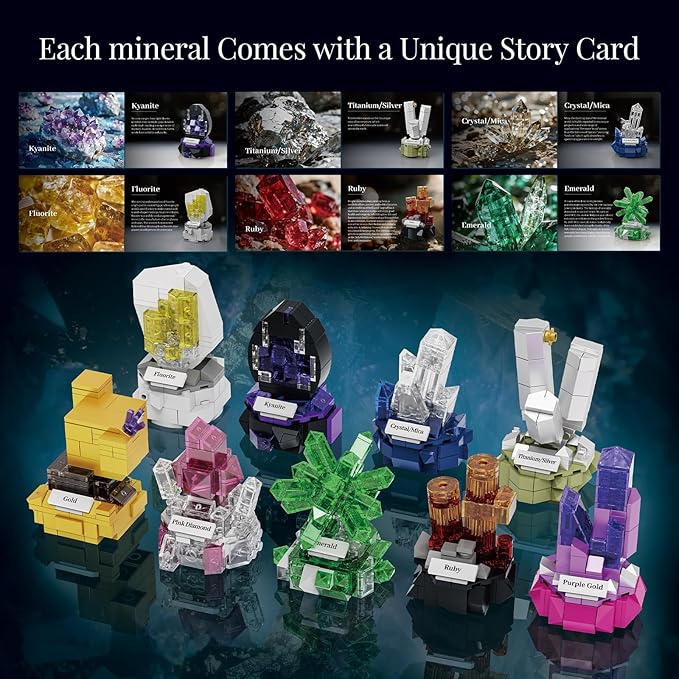 Mineral Display Building Blocks Set 794pcs 9 Pack Gemstone Models Crystal Rock Collection STEM Geology Bonsai Gems Home Office Decor Compatible with Lego for Kids Adults Boys Girls 6+