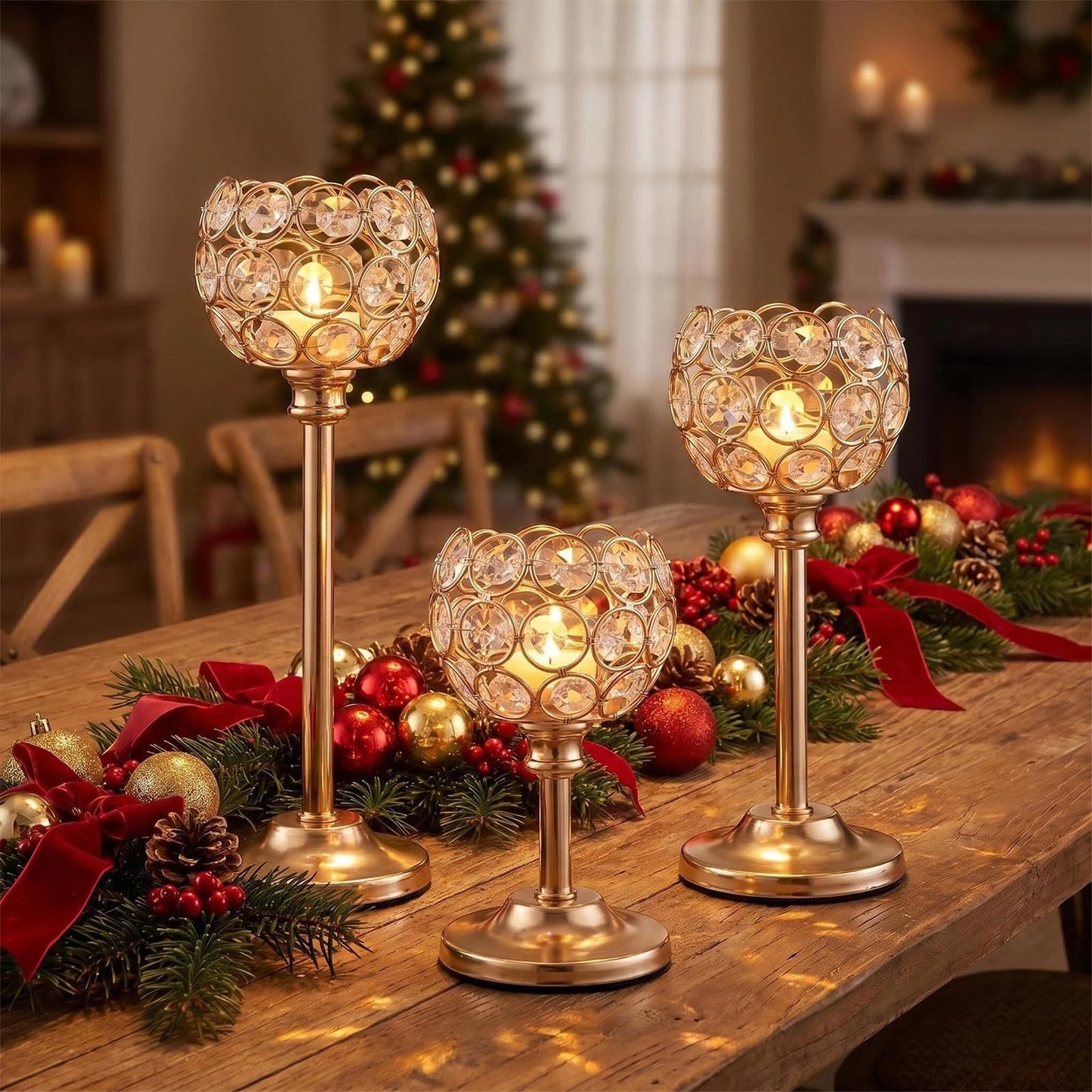 Candle Holder Candlestick Holders- Set of 6 Gold Crystal Pillar Candle Holders, Metal Candlestick Stands for Wedding Centerpieces,Table Decor for Church,Housewarming (Gold, 2 Sets (6 Pcs))