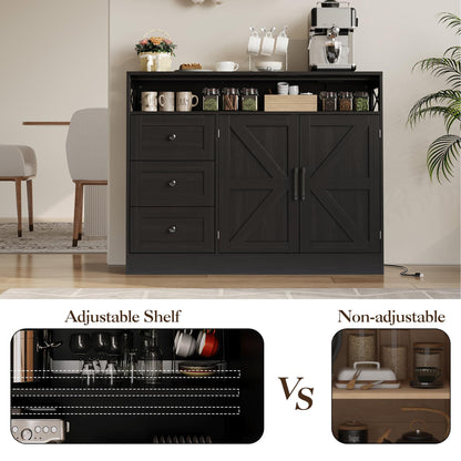 GAOMON 51Inch Sideboard Buffet Cabinet, Wood Rustic Coffee Bar Large Buffet Storage Cabinet with Drawers and Power Outlets Shelves Doors for Dining Kitchen Living Room, Black