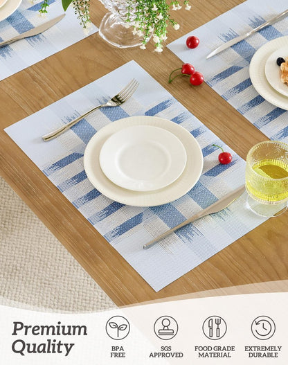 Leetaltree Geometric Print Blue Placemats Set of 8 - Heat Resistant Non-Slip Place mats for Dining Table, Washable Durable PVC Vinyl Woven Table Mats (Geometric Blue, 8)