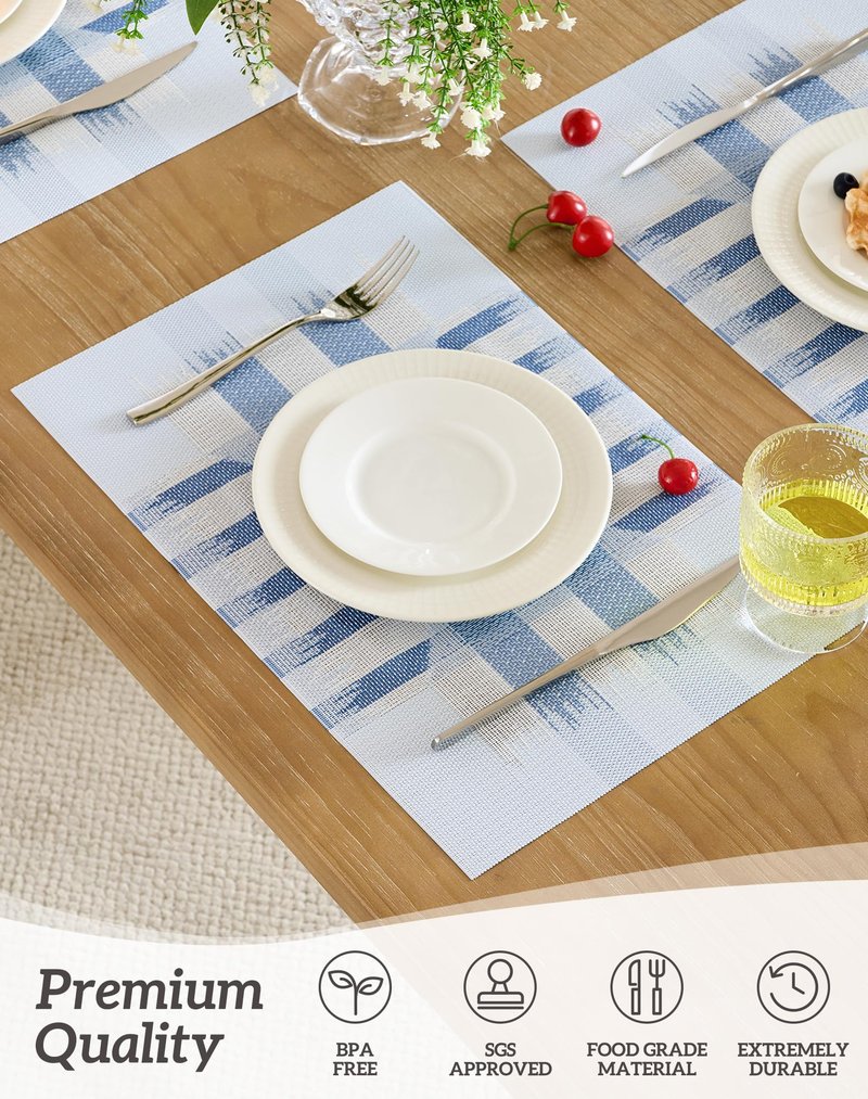 Leetaltree Geometric Print Blue Placemats Set of 4 - Heat Resistant Non-Slip Place mats for Dining Table, Washable Durable PVC Vinyl Woven Table Mats (Geometric Blue, 4)