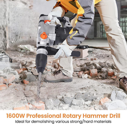 1600W Rotary Hammer Drill - 1-9/16", 13-Amp, 3600BPM, 9J - 3 Functions Demolition for Concrete, Stones, Brick walls - Includes Drill Bits, Point, Carrying Case