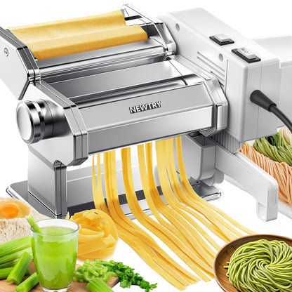 NEWTRY Electric Pasta Maker Machine Noodle Making Dough Roller Press with Detachable Motor 0.2-0.5mm Dough Sheet Thickness Adjustable 1.5mm Pasta 6mm Fettuccine Cutter 110volt for Home Use