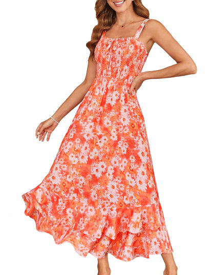 GRACE KARIN Women's 2025 Summer Floral Boho Dress Square Neck Strapped Swing A Line Sundress Beach Long Maxi Outfits