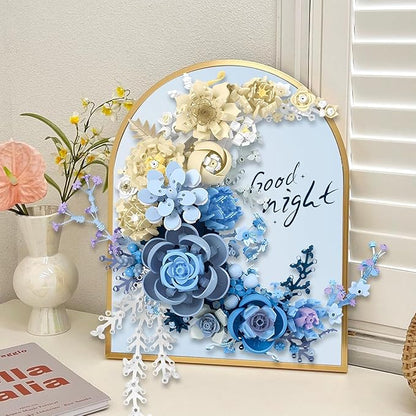 Moon Flowers Building Blocks Set Botanical Collection Blossom for Wall Decor Creative Floral Building Kit Flower Bouquet Botanical Collection for Home Décor Gift for Adults Teens 934 PCS (Blue)