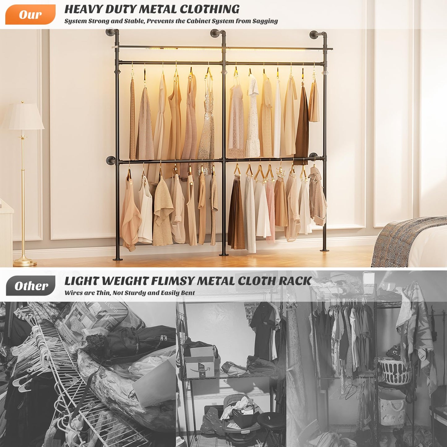 Aheaplus Industrial Pipe Clothing Rack, Reversible 79.7'' Clothes Rack for Hanging Clothes, Heavy Duty Garment Racks Closet Wardrobe with LED Lights& Shelves, Walk-in Closet System, Black
