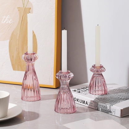 Lysenn Glass Candle Stick Holder Set of 3 – Premium Taper Candle Holders for Romantic Ambiance - Candle Sticks Holder Decor for Special Occasions - Pink