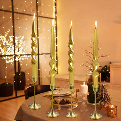Christmas Spiral Candles Metallic Goldd Taper Candles -10 in Unscented Candlestick for Winter Gift Holiday Christmas Home Decoration Candles, 4 Pack