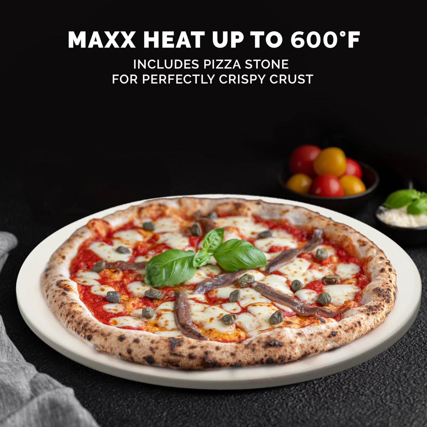Kalorik MAXX Air Fryer Pizza Oven with Stone, Turbo-Heat Technology Up To 600F Featuring Touchscreen Controls with 6 Preset Functions Fits 12-Inch Pizzas, 1700-Watts, Stainless Steel