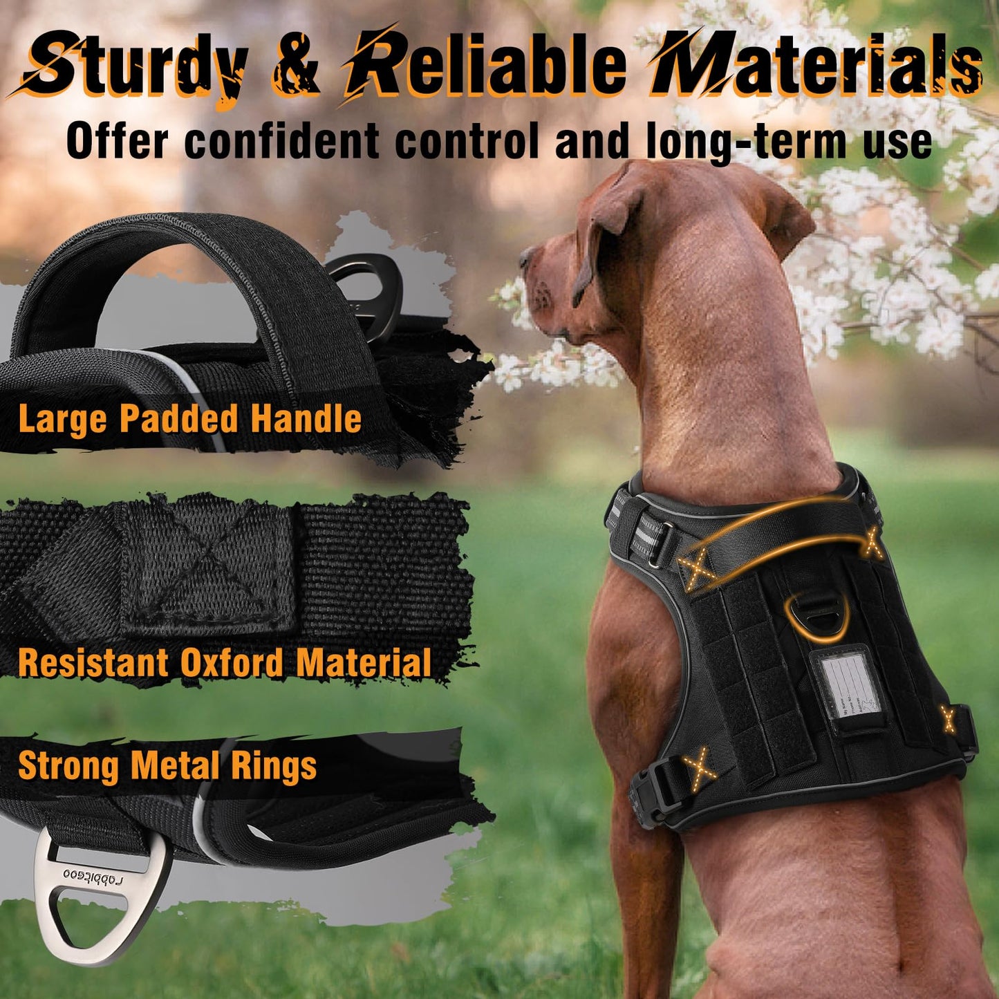rabbitgoo Dog Harness for Large Dogs No Pull, Tactical Service Pet Vest with Molle and Control Handle, Adjustable and Reflective Military Harness for Easy Walking and Training, Black, L
