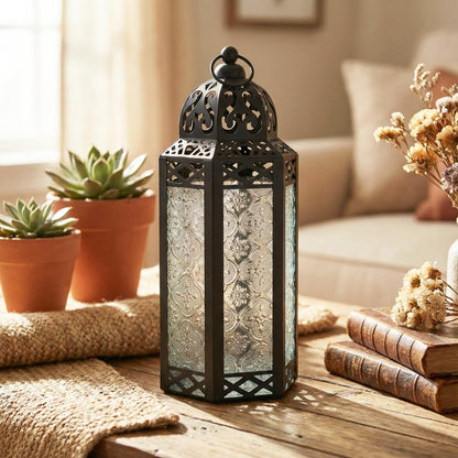 Vela Lanterns Decorative Indoor Moroccan Candle Holder & LED Fairy Lights -Twinkle Turkish Lamp, Fantasy Home Decor Table Centerpieces, Hanging Outdoor Patio Porch Wedding Ramadan (10.5", Clear)