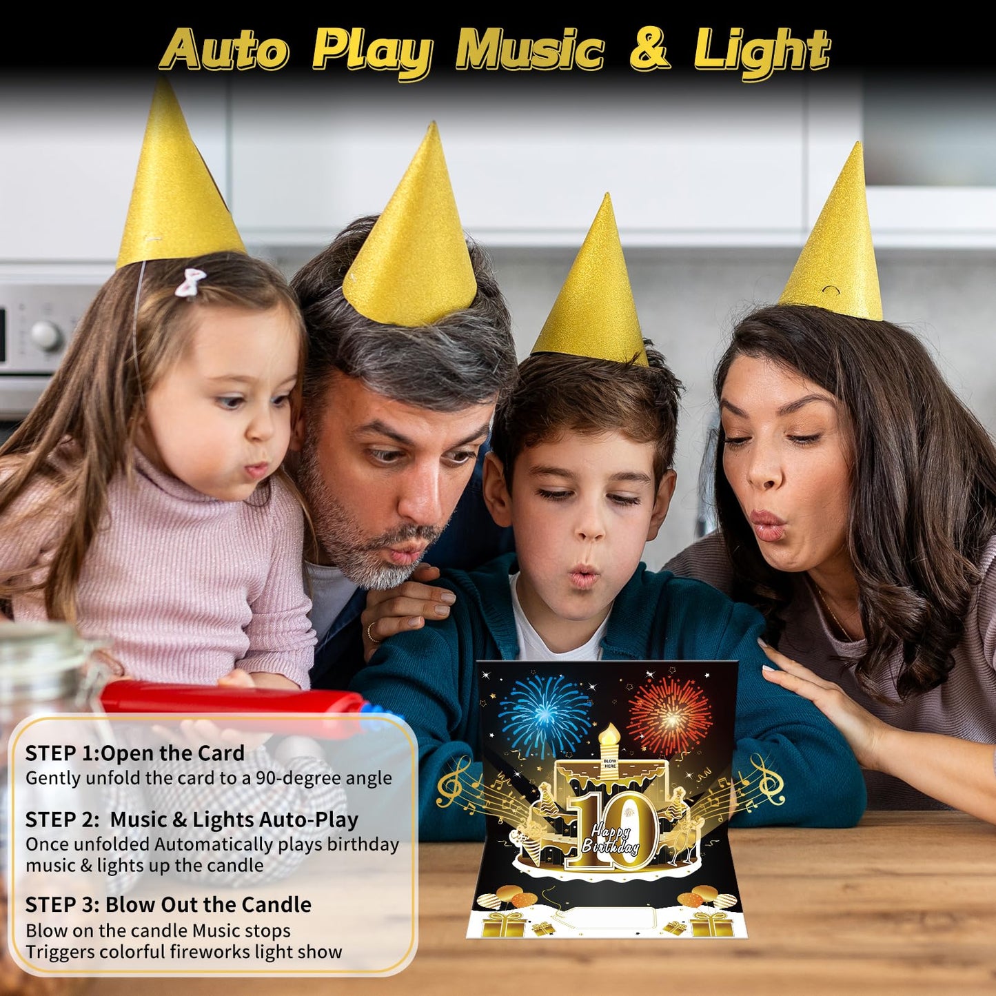 Turypaty 10th Birthday Cards Pop Up 3D Cake - Firework & Music & Blow Out Candle Light Funny Happy 10 Black Gold Birthday Card Gifts Party Decor for Kids, Boys, Girls, Son, Daughter, Grandson