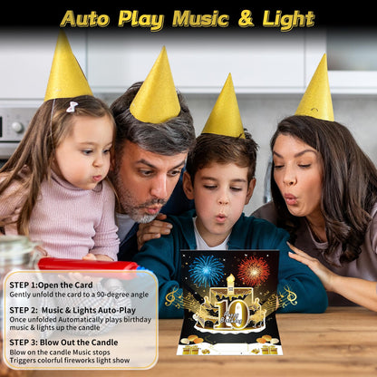 Turypaty 10th Birthday Cards Pop Up 3D Cake - Firework & Music & Blow Out Candle Light Funny Happy 10 Black Gold Birthday Card Gifts Party Decor for Kids, Boys, Girls, Son, Daughter, Grandson