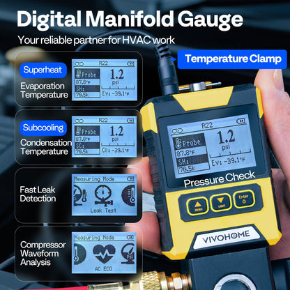 VIVOHOME Digital HVAC Manifold Gauge with Wired Temperature Clamp Probe for R134a R410a R32 R1234yf R454B Recharge, with 3.5 CFM Single Stage Rotary Vane Air Vacuum Pump with Oil Bottle