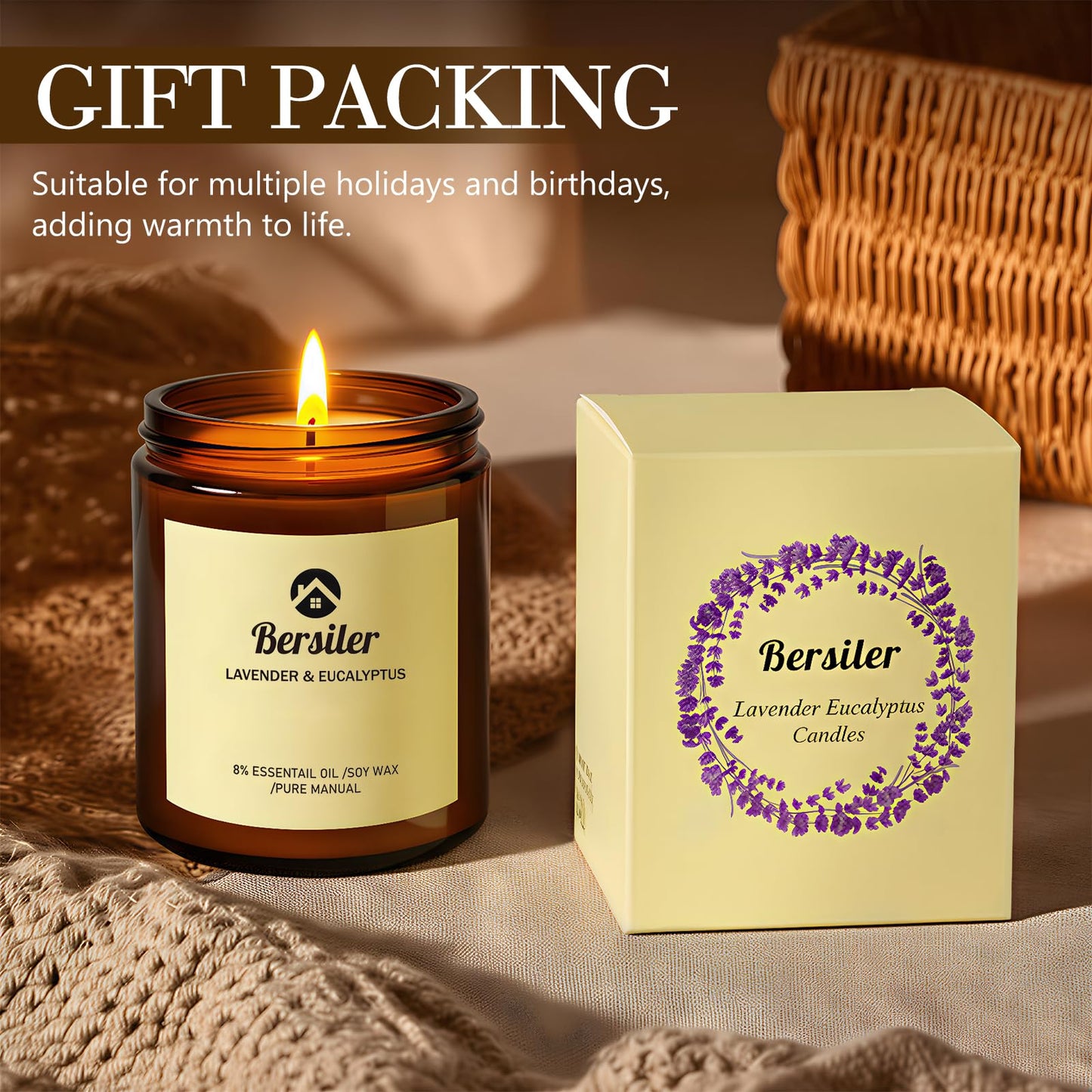 Bersiler Aromatherapy Candles, Scented Candles, 7OZ Lavender Eucalyptus Candles Stress Relief and Relax for Home & Bedroom Gift for Women Birthday Christmas, Soy Wax Candle