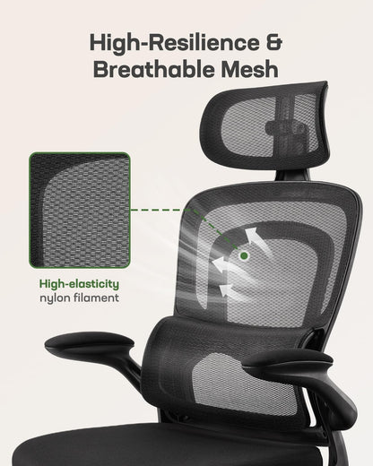 Marsail Ergonomic Office Chair with Lumbar Support, High Back Desk Chair with 2D Headrest & Flip-Up Armrests Gaming Computer Task Chair Tilt Function Black