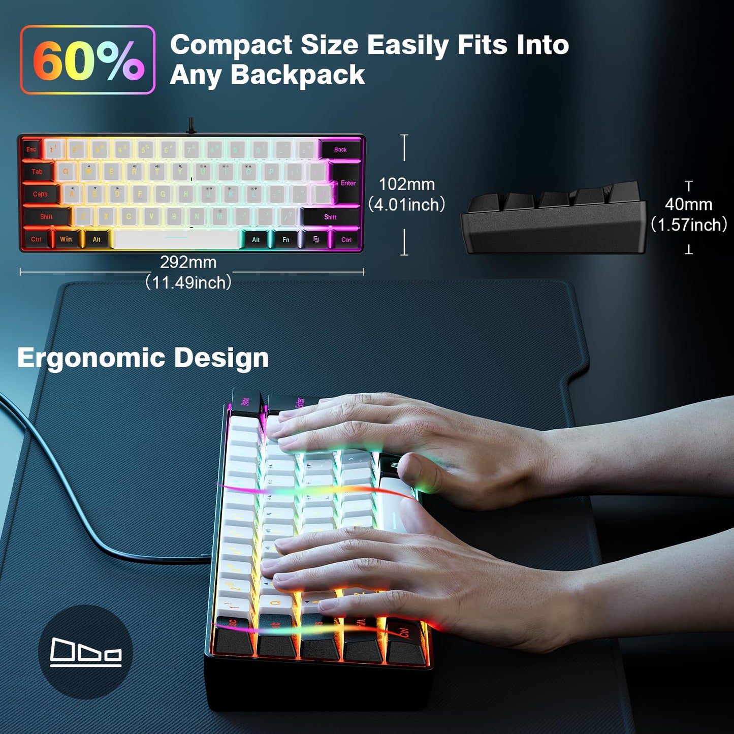 Snpurdiri 60% Wired Gaming Keyboard, 61 Keys RGB Backlit Ultra-Compact Small Gaming Keyboard, for PC/Mac Gamer, Typist, Travel, Easy to Carry on Business Trip(Black-White)