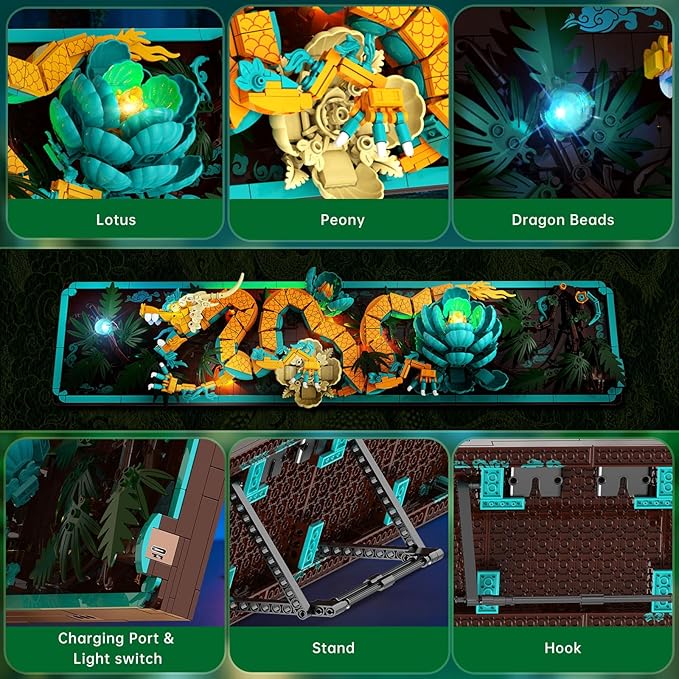 JMBricklayer Mythic Dragon Tiles Building Block Sets with LED Lights for Adults 70020 Wall Art Crafts Frame Building Sets Home &amp Office Decor Dragon Kits with Flowers Creative Gifts for Men Wo