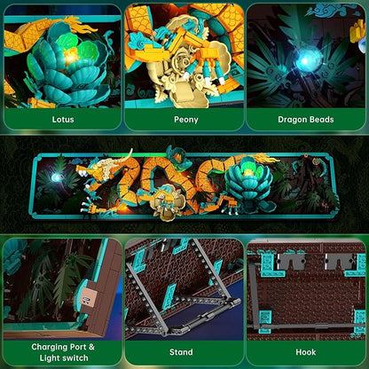JMBricklayer Mythic Dragon Tiles Building Block Sets with LED Lights for Adults 70020 Wall Art Crafts Frame Building Sets Home &amp Office Decor Dragon Kits with Flowers Creative Gifts for Men Wo