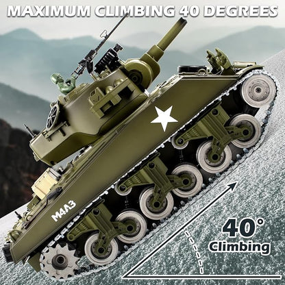 1:18 RC Tank for Adult and Kid 2.4G US M4A3 Sherman Alloy Metal Tracks Model Toys RC Vehicle Tank That Shoots BBS with Smoke Lights Sound Military Army Toys with 2 Rechargeable Battery