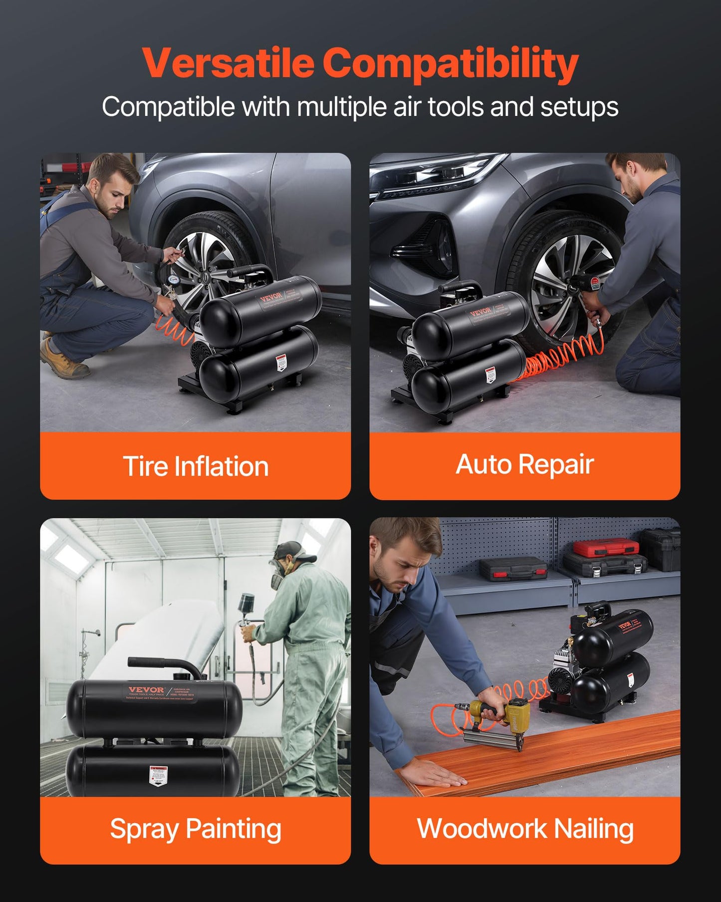 VEVOR Air Compressor, 4.6 Gallon Steel Tank, 1HP 2.2CFM@90 PSI Oil Free Air Compressor & Max 120PSI Pressure, 80dB Ultra Quiet Portable Compressor for Auto Repair, Tire Inflation, Spray Painting, 120V