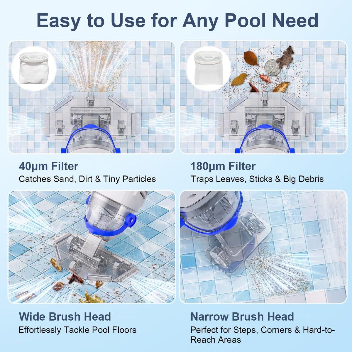 Sharkswell Upgraded Cordless Pool Vacuum with Telescopic Pole, 60 Min Powerful Suction & Transparent Head, Rechargeable Handheld Cleaner for Above Ground Pools, Inground Pools, Hot Tubs and Spa