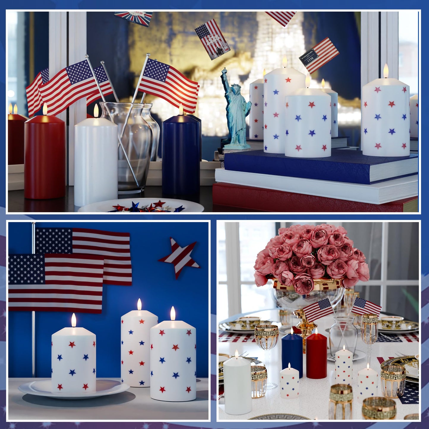 AFINETH Patriotic Red White and Blue Candles, Real Wax Flameless Pillar Candles with Remote, 4th of July Led Candles, Independence Day Flameless Candles for Patriotic Decor, 3 Pack (D 3" x H 6")