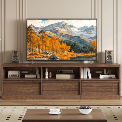 Garvee Mid Century Modern TV Stand for 65 70 75 in TVs, Industrial Entertainment Center with 3 Drawers & Open Shelves, Sturdy MDF for Living Room & Bedroom, Vintage