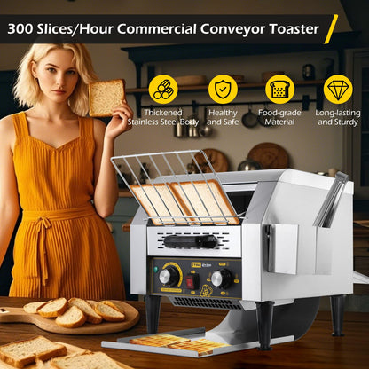 Dyna-Living Commercial Conveyor Toaster 300 Slices/Hour, Electric Conveyor Belt Toaster for Restaurant, 1900W Heavy Duty Stainless Steel Conveyor Toasters for Bun Bagel Bread