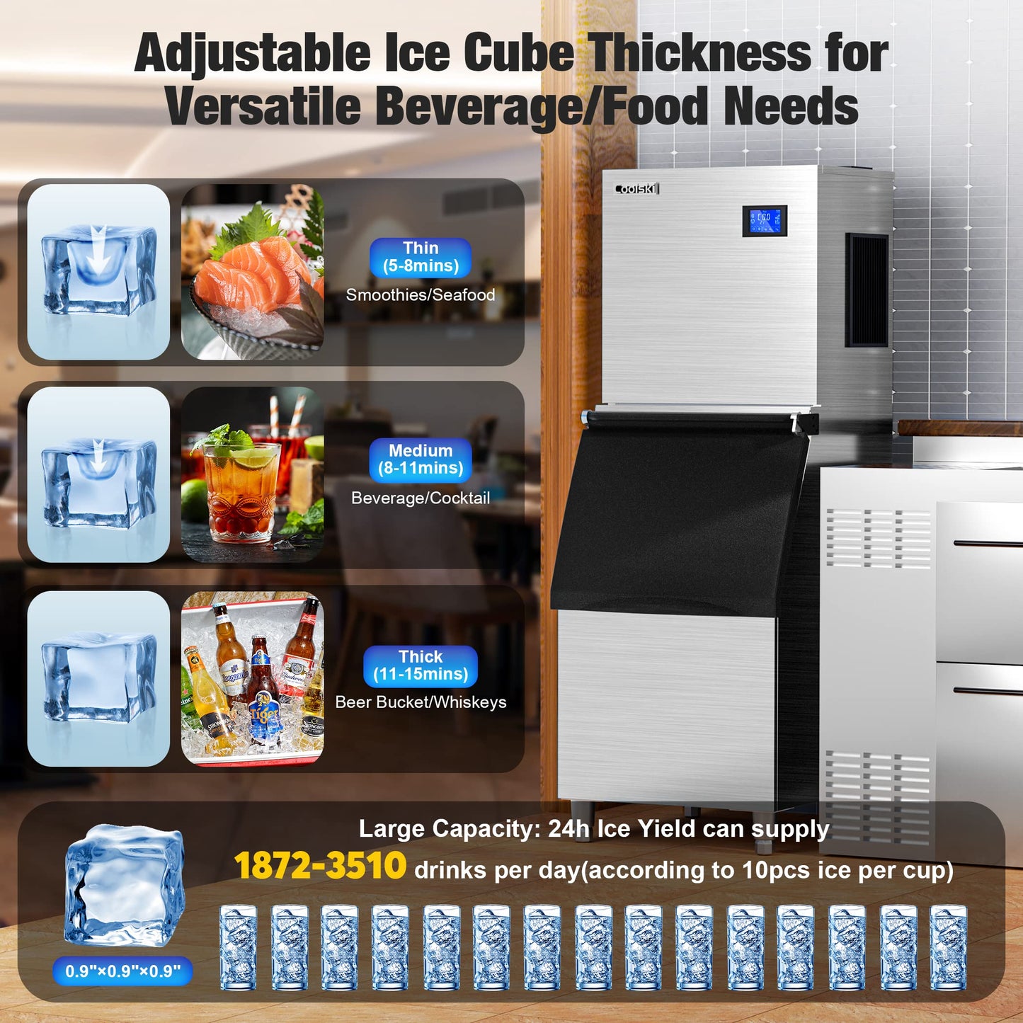 Coolski Commercial Ice Maker Machine 450LBS/24H, 22'' Wide Ice Machine with 300LBS Large Storage Bin, Clear Ice Cubes Air Cooled Stainless Steel Ice Maker for Restaurant/Bar/Cafe/Business