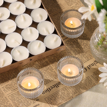 NITIME 30Pcs Clear Tealight Candle Holder with 32pcs Tea Light Candles, Ribbed Votive Candle Holders Glass for Table Centerpiece, Wedding Decor, Home and Holiday Decor