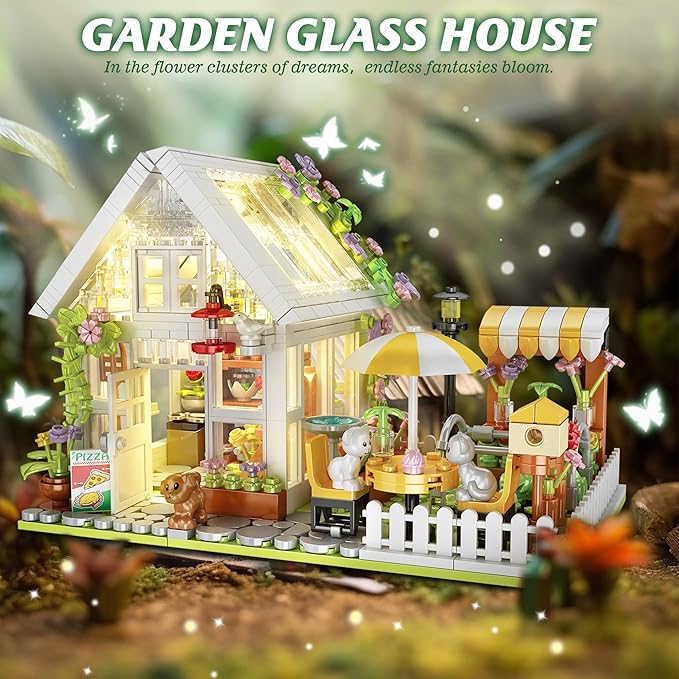 Flower House Building Block for Adults Garden Architecture Building Toy with LED Greenhouse Model Building Set Garden Glass House Building Kit Christmas &amp Ideal Gift for Kids 12+ (1188pcs)