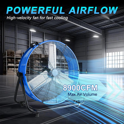 WARMLREC 24" Industrial Floor Fan, 8900 CFM High Velocity Drum Fan with 3 Speeds, Portable Heavy Duty Industrial Fan for Warehouse, Workshop, Factory, Commercial, Residential and Greenhouse Blue