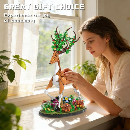 Elk Building Set with Flowers for Adults Compatible with Lego Animal Deer Botanical Collection Model for Home Office Art Decor -1220PCS