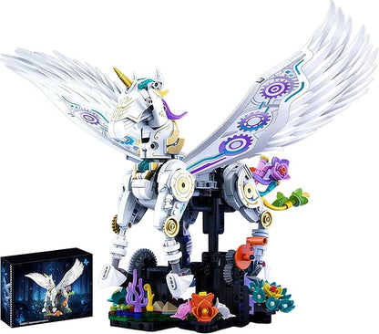 Unicorn Building Set for Adults with Flower Display Mechanical Linkage Rainbow Animal Figures Kit Compatible with Lego Home Office DecorGift for Animal Lovers