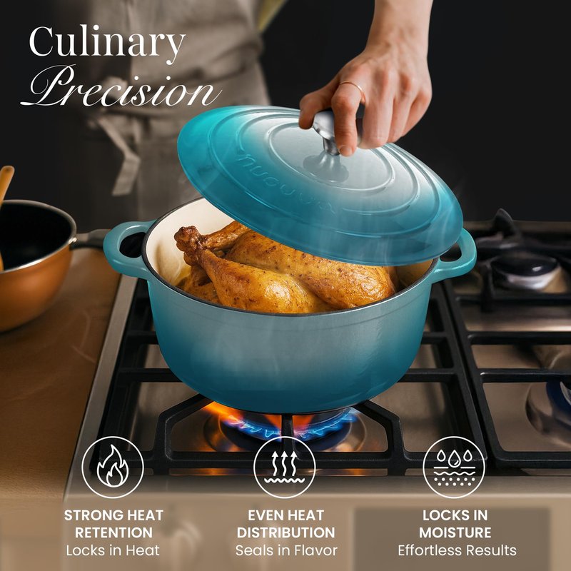 Nuovva Enamelled Cast Iron Dutch Oven Pot with Lid – 6.4 Quart Non Stick Casserole Pot – Heavy Duty & Oven Safe up to 500° F for Bread Baking, Braising, Stews, Roasting – 28cm Teal