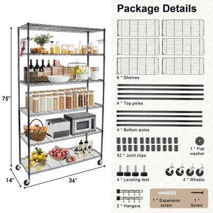 YNN Storage Shelves,2100Lbs 6 Tier Heavy Duty Metal Rolling Shelving Unit with Wheels & 8 Hooks, Adjustable Garage Wire Rack for Kitchen, Bathroom,Industrial,Pantry(36" W x 14" D x 72" H,Black)