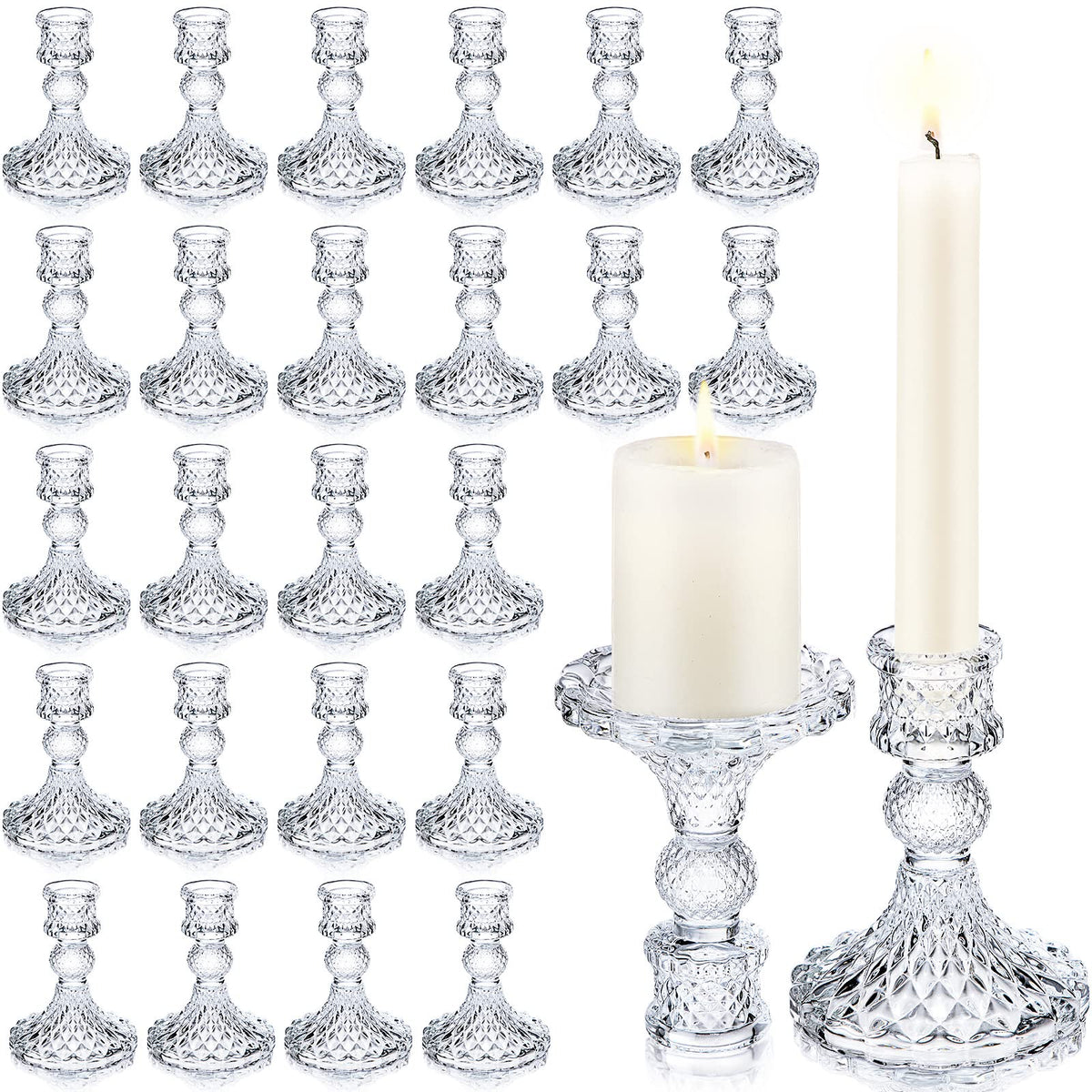 Sieral 24 Pcs Clear Taper Candle Holders 4'' Tall Glass Candlestick Holders Bulk Crystal Decorative Stand Wedding Stick Holder for Anniversary Party Dining Table Festival Decor