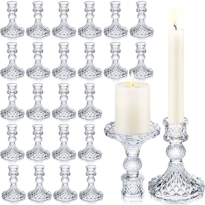 Sieral 24 Pcs Clear Taper Candle Holders 4'' Tall Glass Candlestick Holders Bulk Crystal Decorative Stand Wedding Stick Holder for Anniversary Party Dining Table Festival Decor