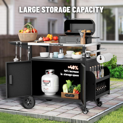 StructoMax XL Outdoor Grill Cart with Cabinet, Extra-Wide Stainless Steel Table Top, Large Spice Rack & Lockable Wheels, Outdoor Kitchen Island Grill Table for BBQ, Cooking & Prep