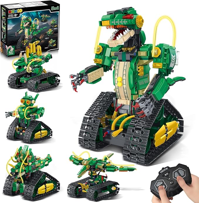RC Dinosaur Building Toy with Light 5 in 1 Remote Controll Building Block Kit 877 PCS Tech Rechargeable Dinosaur Robot Toys Easter Birthday for Kids Boys Age 8 9 10 11 12+