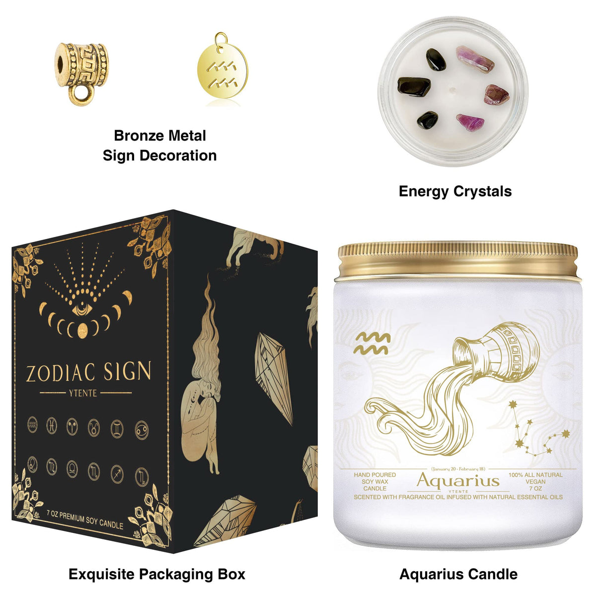 YTENTE Aquarius Gifts - Zodiac Sign Crystals Candles, Scented Soy Candles for Mom, Women, Sister, Anniversary, Birthday