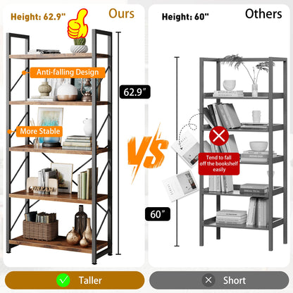 5 Tiers Bookshelf, Classically Tall Bookcase Shelf, Industrial Book Rack, Modern Book Holder in Bedroom/Living Room/Home/Office, Storage Rack Shelves for Book, Brown