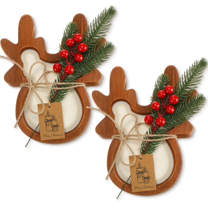 MTLEE 2 Pack Christmas Wood Dough Bowl Candle Deer Wooden Candle Bowl 3 Wick Xmas Farmhouse Decoration with Berries Pine Label for Christmas Table Centerpiece Birthday Gift Home Party Decor